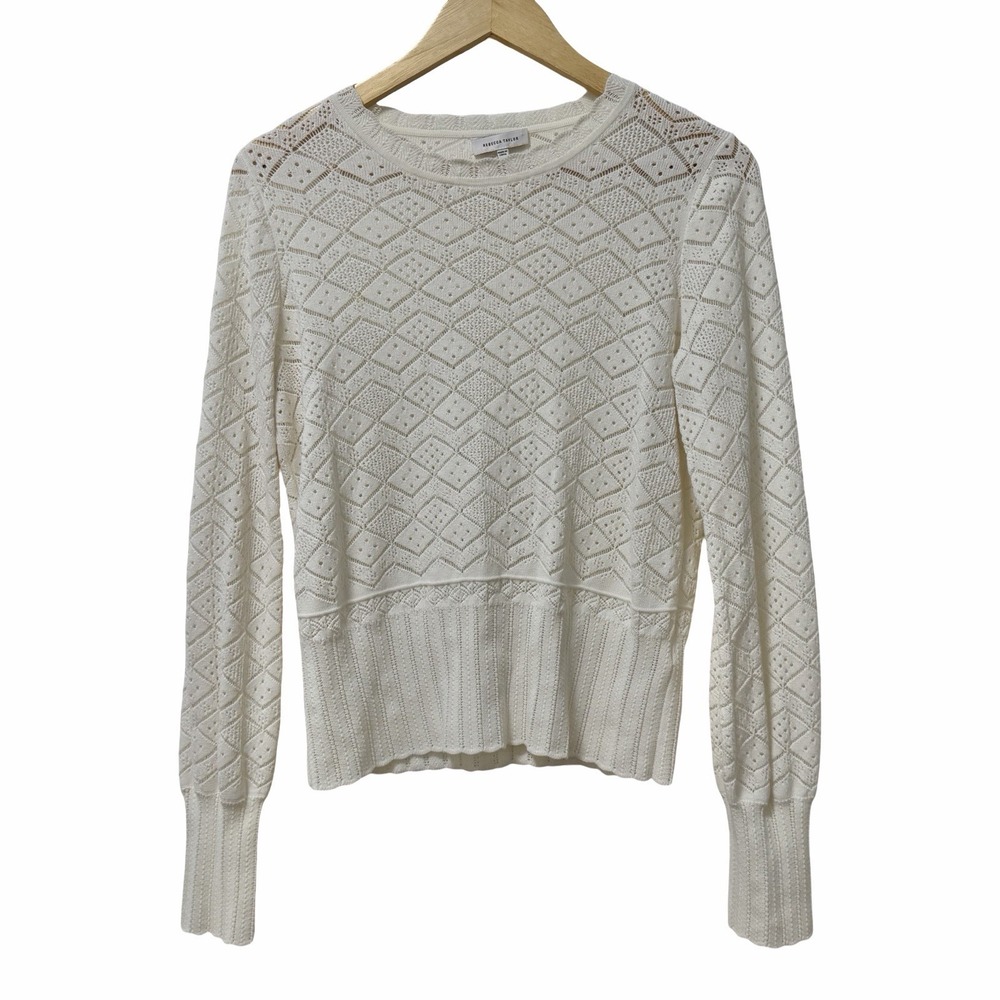 Rebecca Taylor Womens Pointelle Stitch Crochet Sweater Size L White Romantic